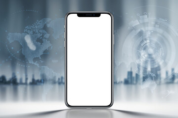 Smartphone mobile phone with World map on background, mobile mock-up,  AI generative