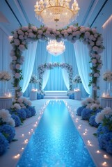 Elegant Wedding Aisle Decor: Sparkling Blue Runner, Floral Archways, and Crystal Chandeliers
