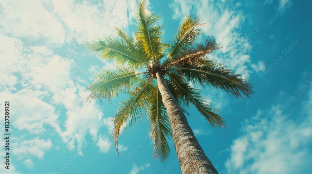 Poster perspective view of a tall coconut tree reaching towards a bright blue sky with vibrant clouds illum