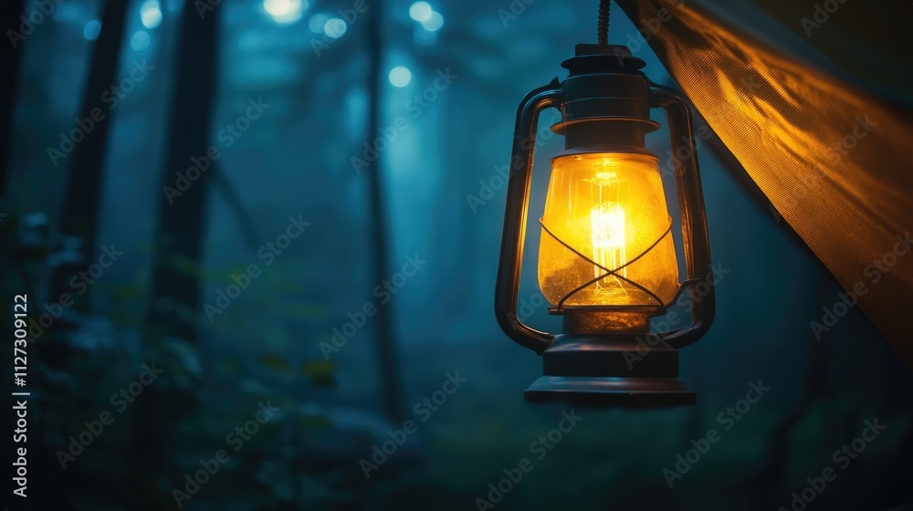 Poster glowing antique lamp illuminating a camping tent in a dark forest at night with soft focus and selec