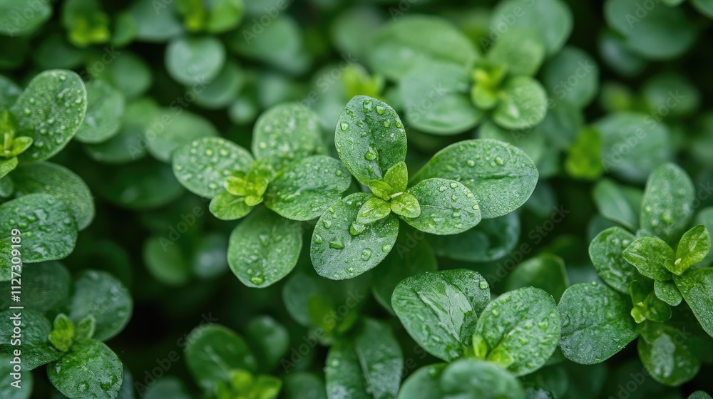 Poster blurred greenery with dewdrops on lush plant leaves in soft sunlight creating a tranquil outdoor bac