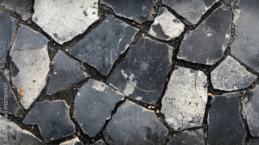 Poster damaged black and white paving stones texture with cracks and irregular shapes showcasing weathered 