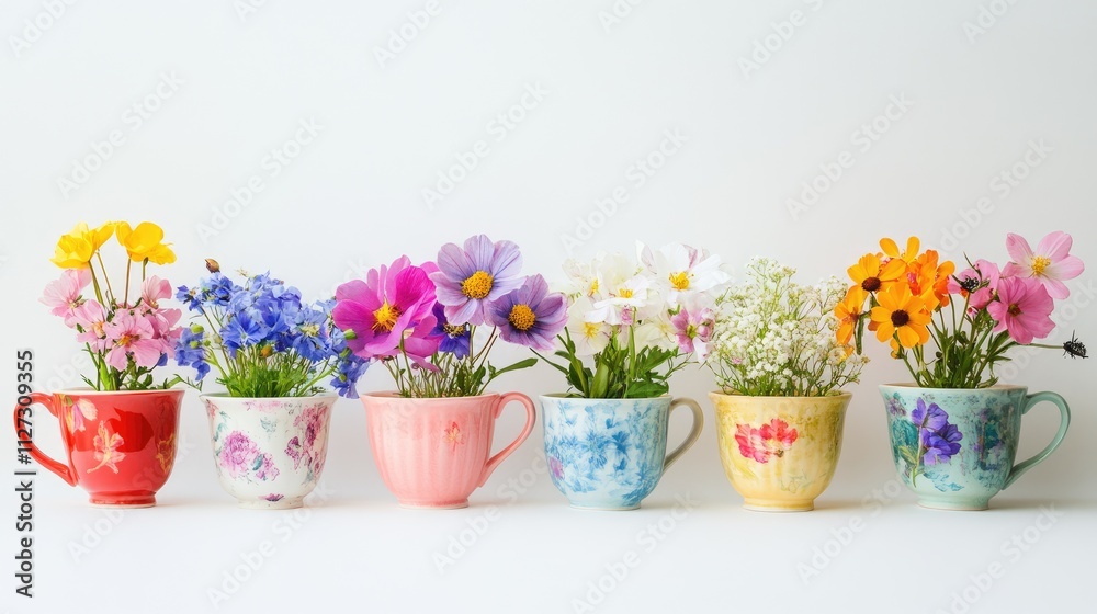 Poster colorful spring flowers arranged in decorative cups against a white background creating a cheerful a