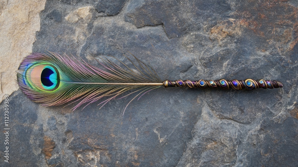 Poster Elegant peacock feather displayed on textured stone surface showcasing vibrant colors and intricate details for nature and interior design themes.