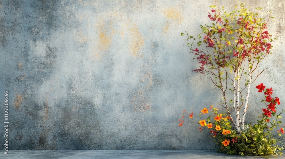 Poster small birch tree and colorful flowers arranged by a textured concrete wall creating a serene and nat