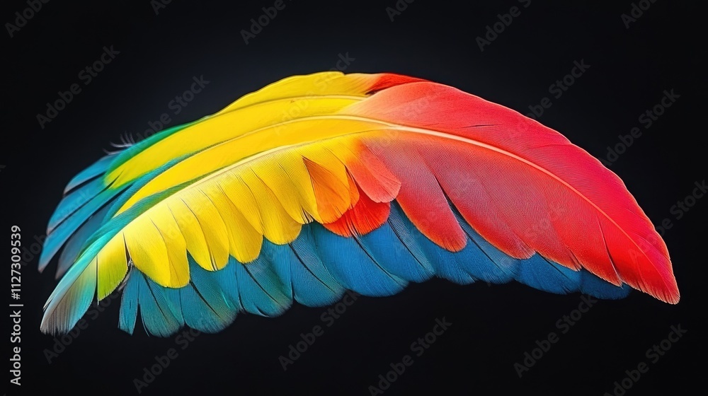 Poster colorful bird feather display on a dark background showcasing vibrant hues of yellow, red, and blue 