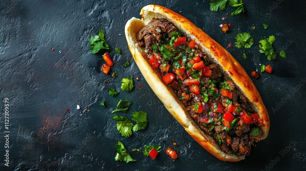 Poster beef shawarma in pita bread garnished with fresh vegetables on a dark background for menu design or 