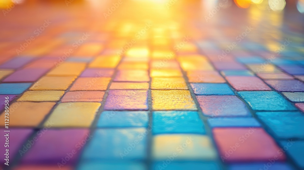 Poster vibrant perspective of a blurred colorful brick floor illuminated by warm light creating a dreamy an