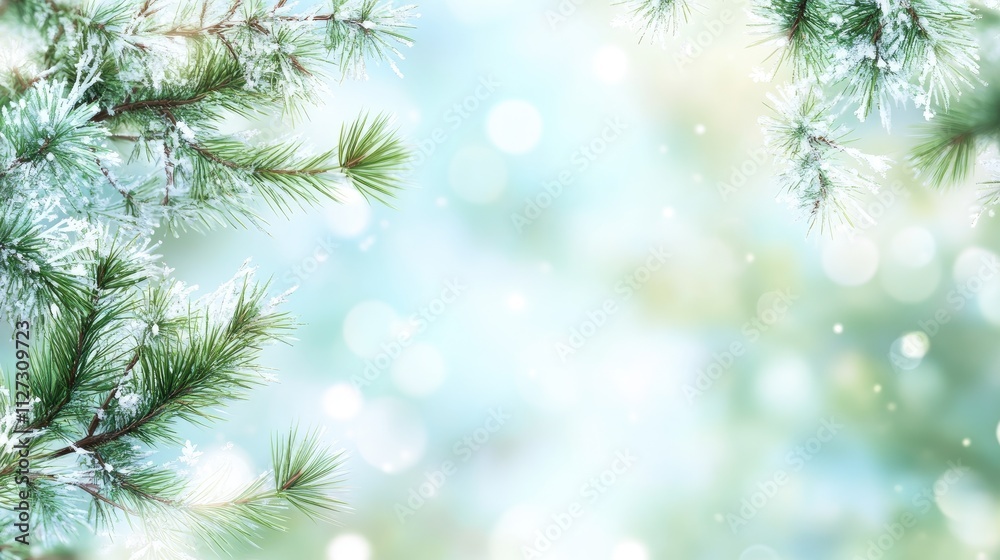Aufkleber Blurred background of vibrant green pine tree sprigs with soft bokeh effect creating a serene and tranquil nature atmosphere.