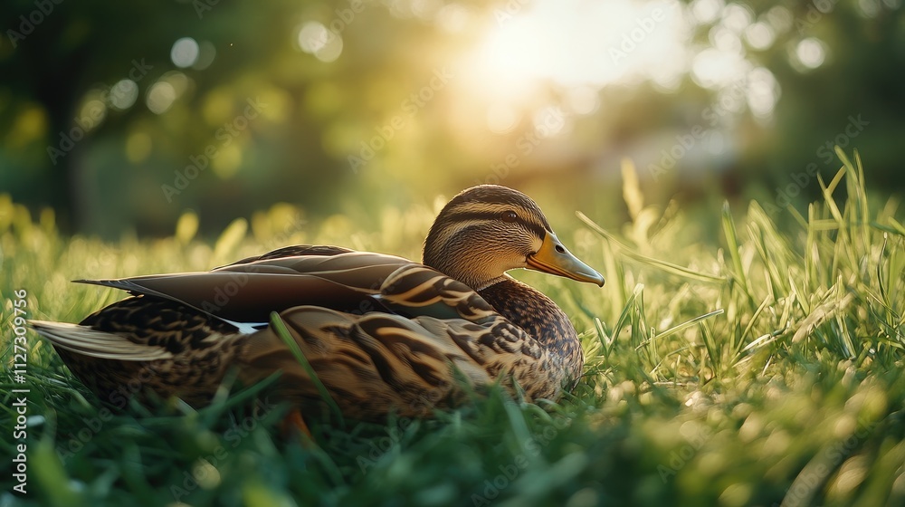 Poster female mallard duck resting on lush green grass illuminated by soft sunlight in a serene natural set