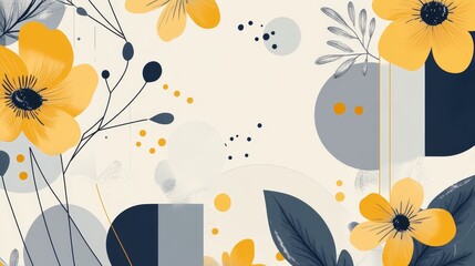 Minimalistic composition with geometric objects and flowers. Balancing flowers with varied shapes. Modern abstract botanical background. Trendy colors of 2021 year - gray and yellow.