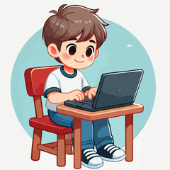 a boy is using his laptop vector