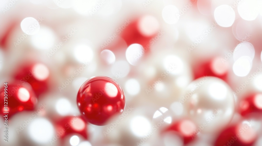 Poster Red and white pearl beads with soft blur effect creating a dreamy background perfect for festive and elegant themes