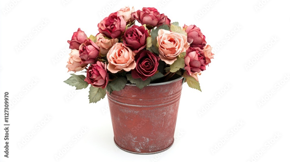Poster charming collection of pink and red roses arranged in a rustic metal bucket on a clean white backgro