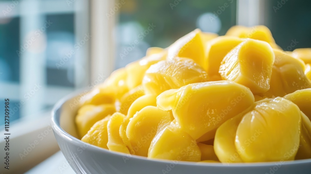 Poster fresh jackfruit slices in a white bowl showcasing vibrant yellow color with a soft blur background f