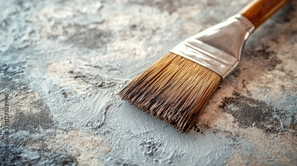 Poster close up of a paintbrush on textured concrete surface illustrating artistic tools and materials for 