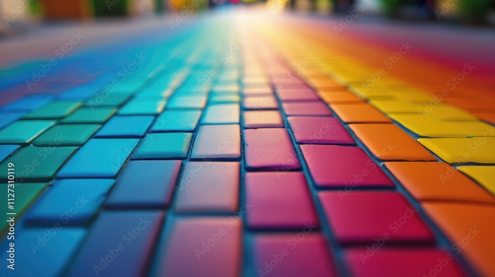 Aufkleber Colorful blurred brick floor background with a vibrant rainbow pattern creating a lively and artistic atmosphere for creative projects.