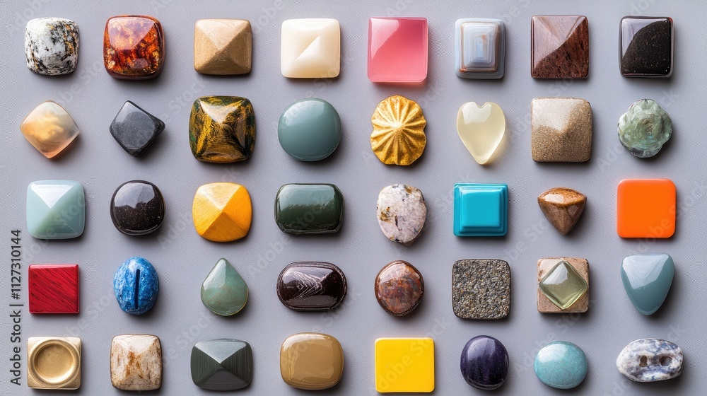Aufkleber Variety of colorful buttons in diverse shapes arranged on a neutral gray background for creative or design projects