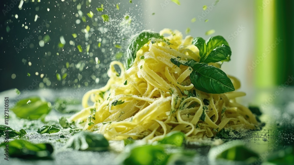 Poster dry basil pasta with fresh herbs artistic presentation on textured surface with seasoning falling ar