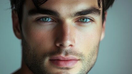 Obraz premium Close up portrait of a young man with striking blue eyes and defined facial features highlighting natural beauty and charm