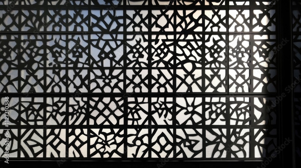 Poster monochrome aluminum architectural wall design featuring intricate patterns with dramatic light and s