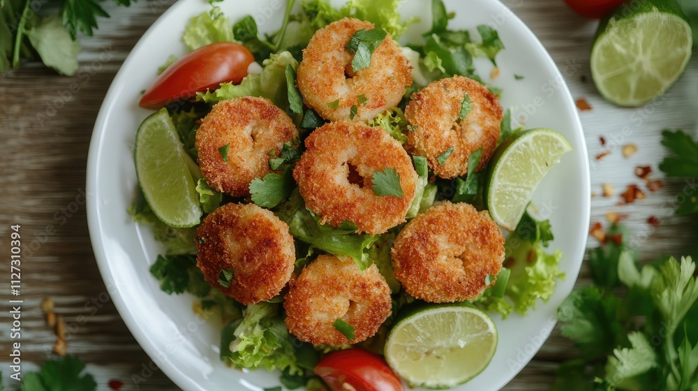 Poster crispy breaded shrimp on fresh green salad with lime wedges and tomatoes served on a wooden table wi