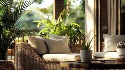 Stylish outdoor seating area featuring wicker furniture, plush cushions, and lush greenery illuminated by natural light for a cozy ambiance