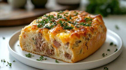 Meat and Cheese Bread Slice on White Plate Ideal for Breakfast or Tea Time with Fresh Herbs Garnish