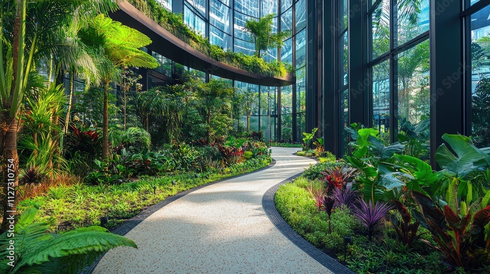 Poster lush indoor garden with winding path showcasing the harmony of nature and modern architecture in a c