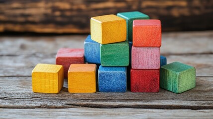 Colorful wooden blocks stacked on rustic wood surface representing customer service evaluation and satisfaction survey concepts
