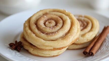 Fototapeta premium Cinnamon swirl cookies on a white plate with cinnamon sticks and star anise creating a cozy and inviting dessert presentation.