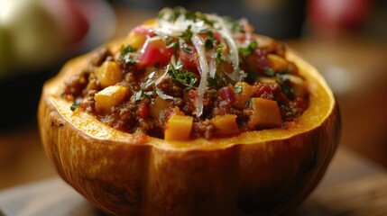 Butternut squash chili bowl with hearty toppings served in a roasted squash half on a rustic wooden table