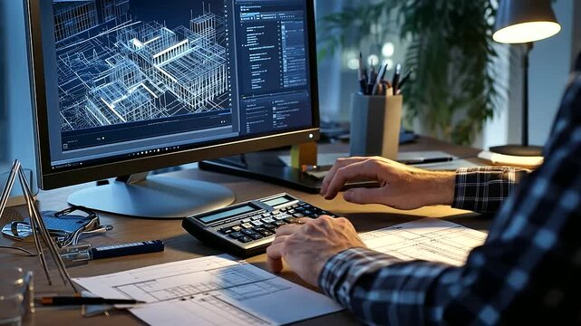 An architect at their desk, using a calculator while referencing a computer screen showing construction estimates, surrounded by blueprints, rulers, and building models.