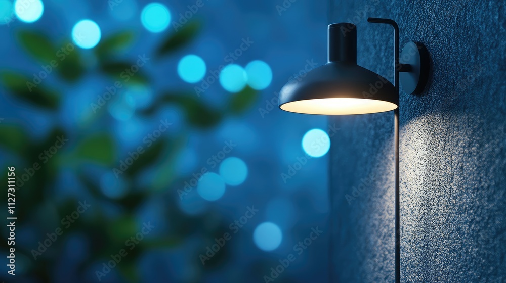Poster Blue bokeh light background with an illuminated wall lamp and green foliage creating a serene and dreamy atmosphere.