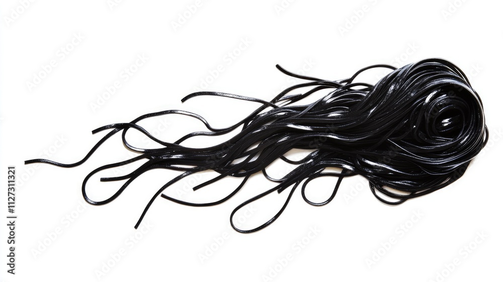 Poster black spaghetti pasta twisted into a decorative shape isolated on a white background for culinary an