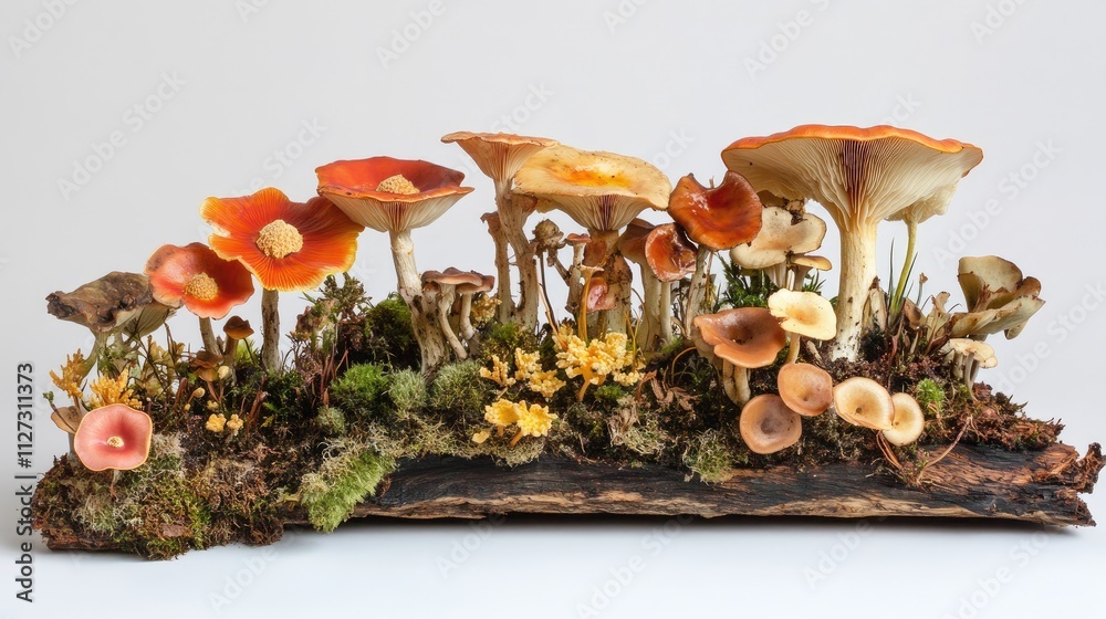 Aufkleber Autumn display of assorted wild mushrooms artistically arranged on a log with vibrant colors against a neutral background