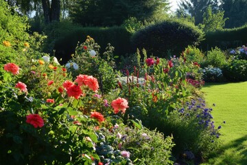 Obraz premium Colorful flower garden in full bloom during a sunny afternoon
