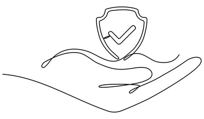 Hands hold shield badge continuous line art drawing. Approval check guard symbol in arm. Insurance sign. Vector illustration isolated on white.