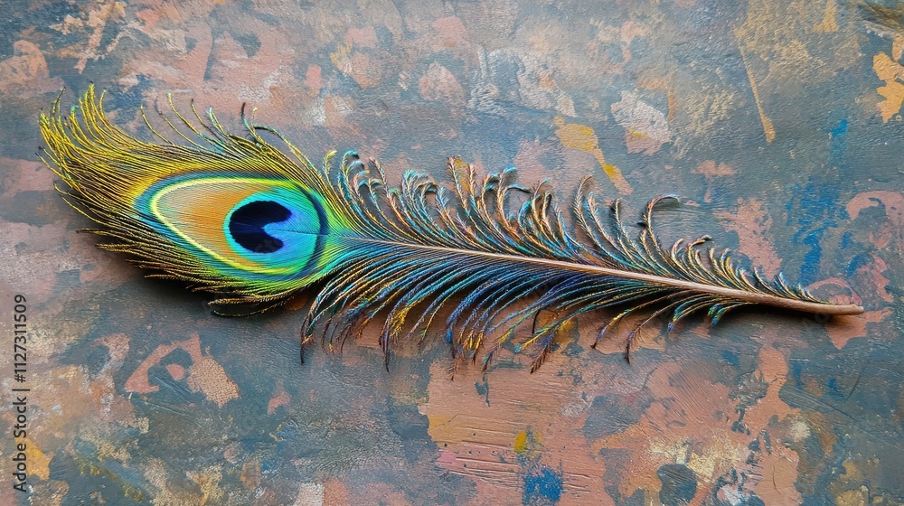 Aufkleber Vibrant close-up of a single peacock feather showcasing intricate patterns and vivid colors on a textured background