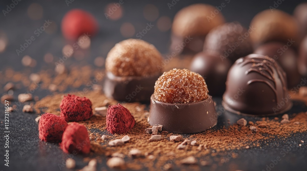Poster Assorted Gourmet Chocolates and Pralines on Dark Surface with Depth of Field and Textured Cocoa Surroundings