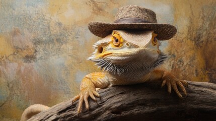 Bearded dragon wearing a straw hat perched on a branch in a whimsical and colorful setting