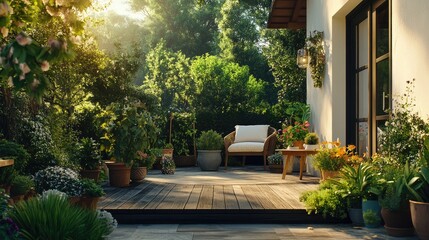 Cozy country house terrace adorned with vibrant plants and flowers in a serene backyard setting under warm sunlight