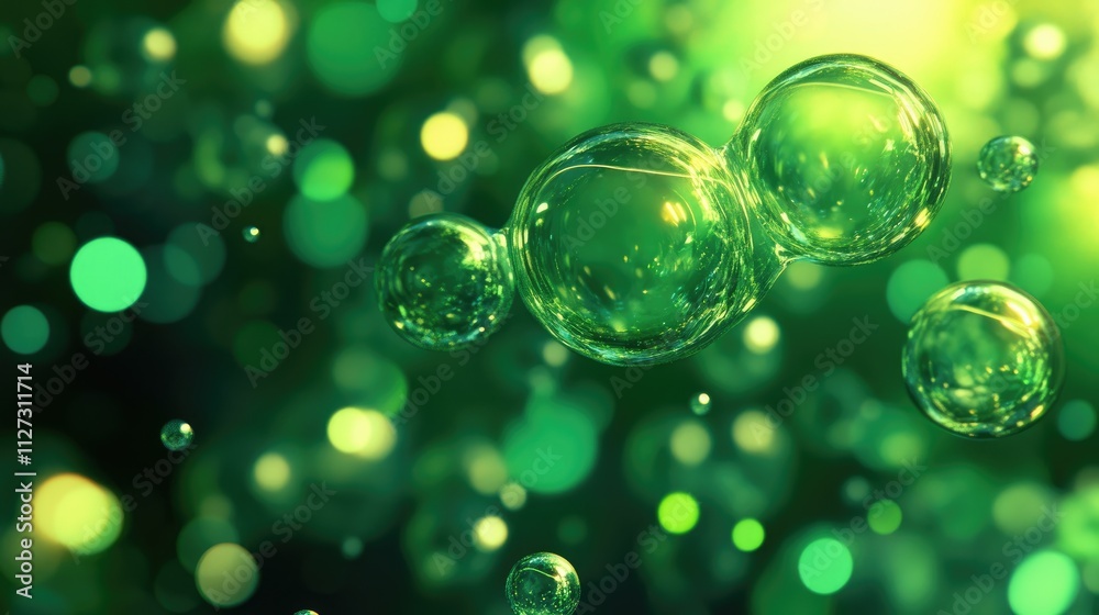 Aufkleber Enchanting green bokeh with floating bubbles creates a serene and artistic atmosphere for backgrounds and designs.
