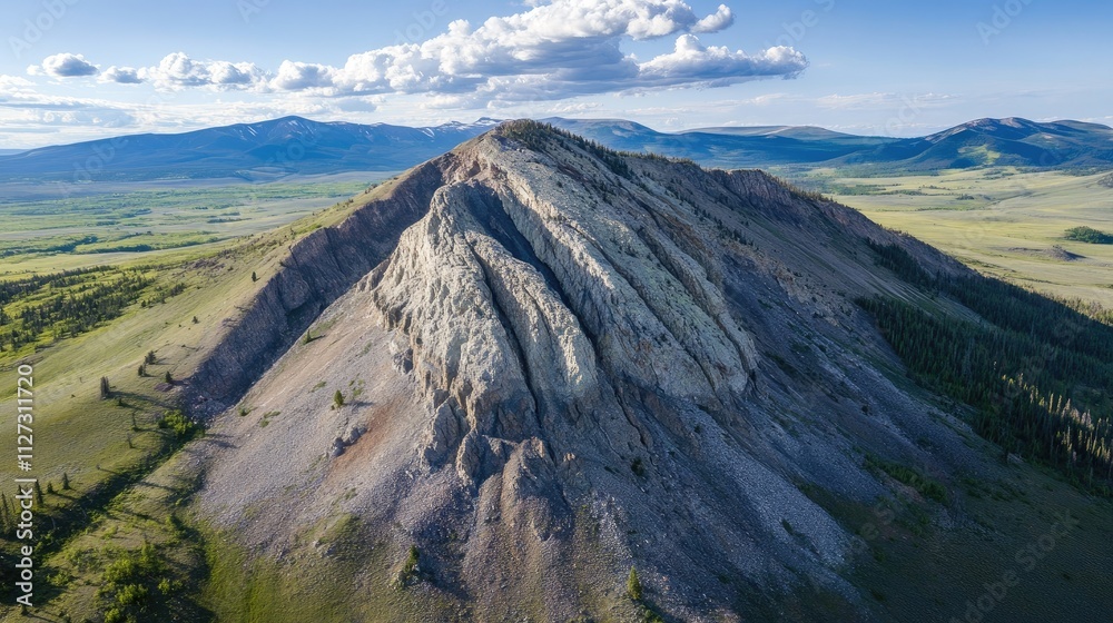 Poster aerial view of rugged mountain peak with unique rock formations against a backdrop of green fields a