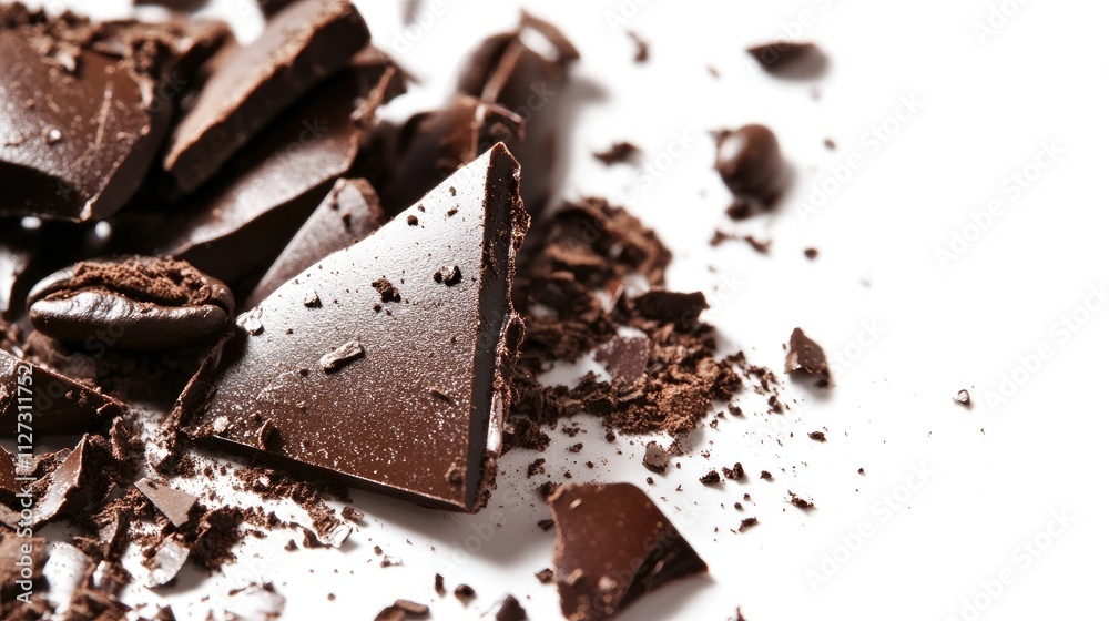 Poster broken chocolate pieces mixed with coffee beans on a white background showcasing texture and detail 