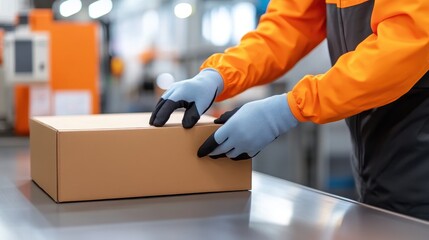Gloved worker carefully handling a cardboard package in a modern, brightly lit industrial setting with equipment in background.
