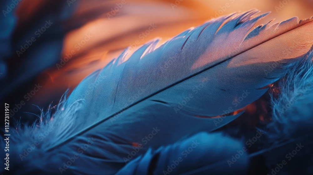 Poster colorful close-up of a bird feather showcasing intricate details and vibrant hues in a soft, warm li