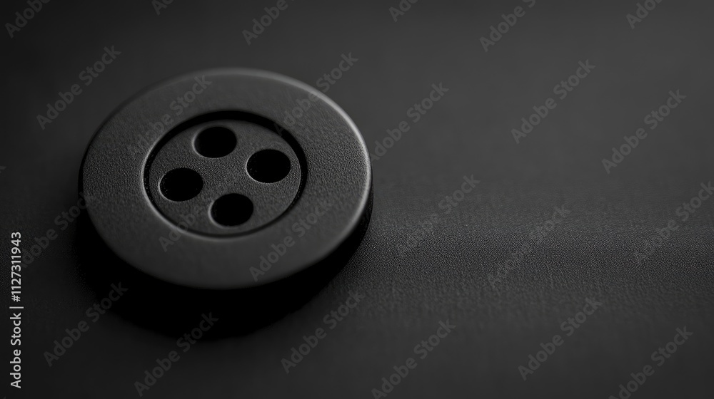 Aufkleber Close-up view of a classic black button on a textured fabric background with four holes showcasing elegance in simplicity.