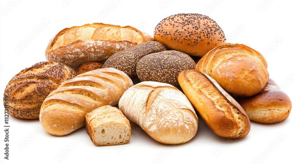 Poster Assorted artisan baked breads displayed on a white background showcasing variety of textures and shapes in freshly baked loaves.