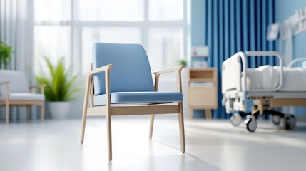 A blue cushioned chair in a bright, modern hospital room with a bed, potted plants, and medical equipment in the background.